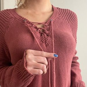 BURGUNDY DROP SHOULDER SWEATER LACE UP DETAILING